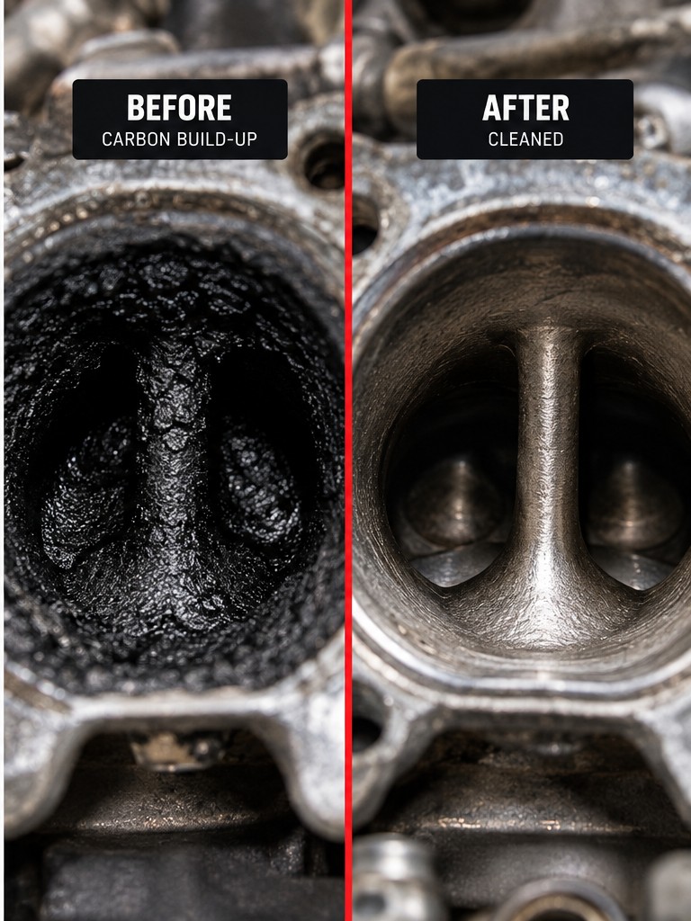 Example before and after view of carbon build-up and cleaning